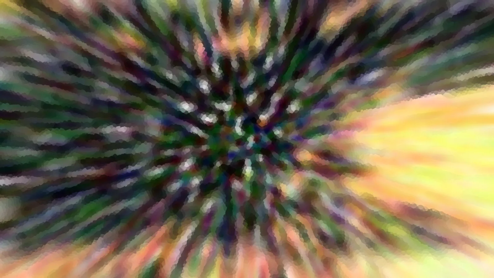 Abstrakter, radialer Farbwirbel in Grün, Violett und Gelb mit pixeliger Struktur.