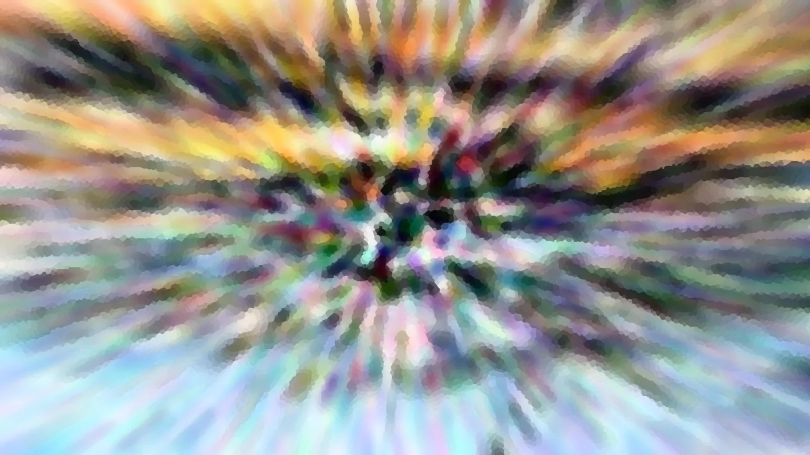 Abstraktes Bild mit bunten Farbstrahlen, die von einem dunklen Zentrum in der Bildmitte radial nach außen laufen, in Gelb, Orange, Violett, Grün und hellem Blau.