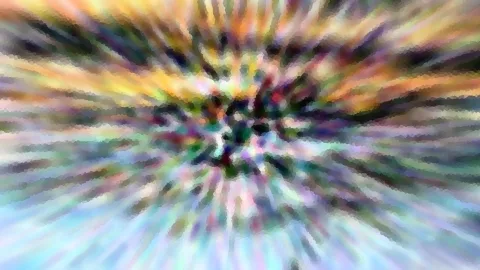 Abstraktes Bild mit bunten Farbstrahlen, die von einem dunklen Zentrum in der Bildmitte radial nach außen laufen, in Gelb, Orange, Violett, Grün und hellem Blau.