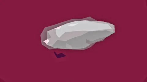 Graue, facettierte Form auf magentafarbenem Hintergrund, darunter ein kleiner dunkler Schatten.
