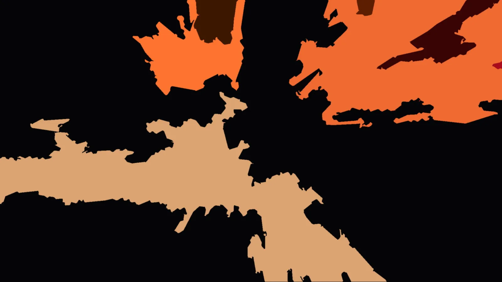 Abstrakte Komposition aus flächigen Formen in Orange, Beige und Dunkelbraun auf schwarzem Grund.
