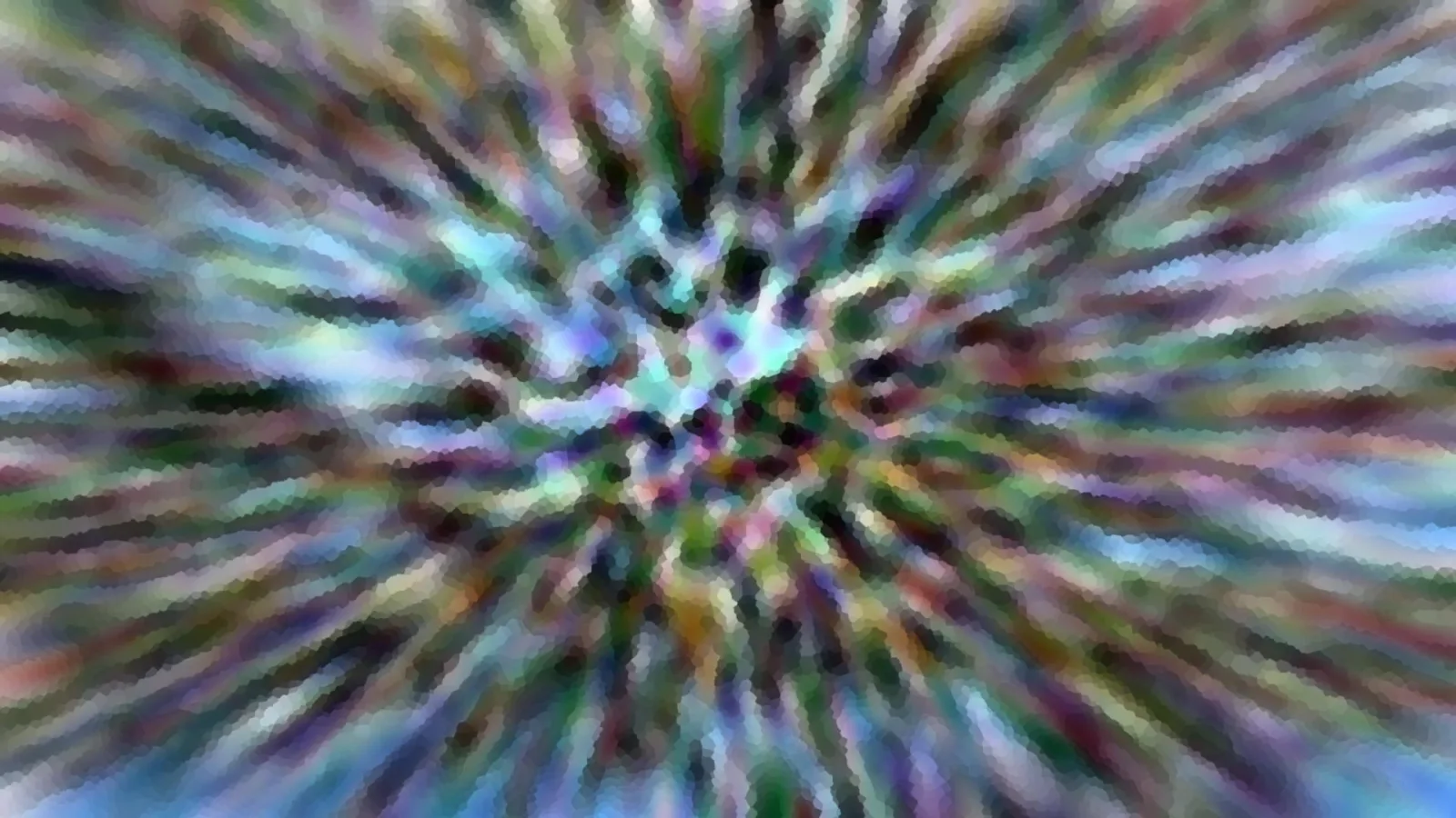 Abstrakte Komposition aus bunten Farbstreifen, die radial von der Bildmitte nach außen verlaufen, verwischt und stellenweise mosaikartig gepixelt.
