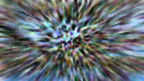 Abstrakte Komposition aus bunten Farbstreifen, die radial von der Bildmitte nach außen verlaufen, verwischt und stellenweise mosaikartig gepixelt.