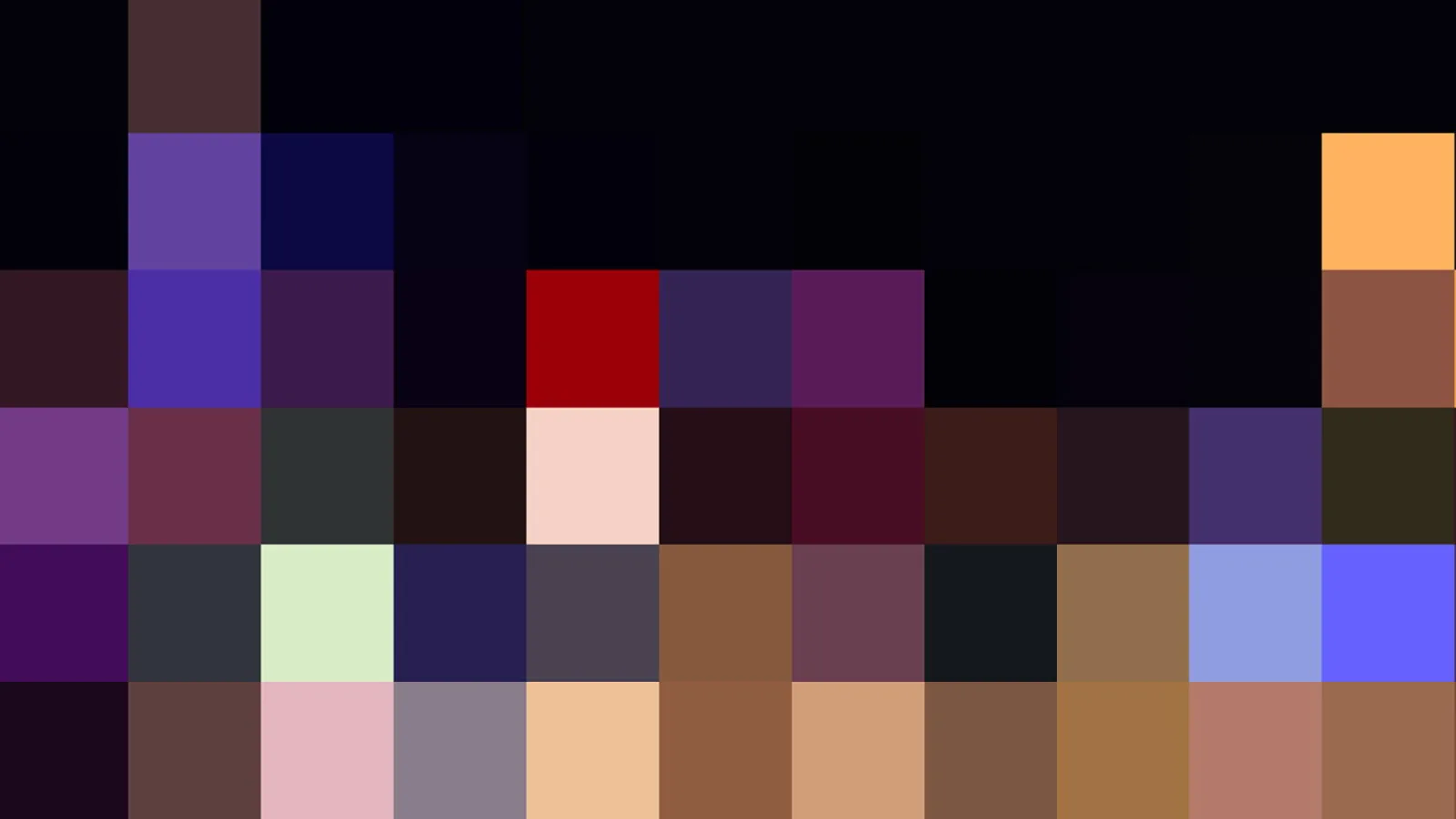 Grobes Pixelmosaik aus farbigen Quadraten: oben dominieren Schwarz und Dunkelblau, in der Mitte Violett und Rot, unten helle Töne wie Beige, Rosa und Orange.