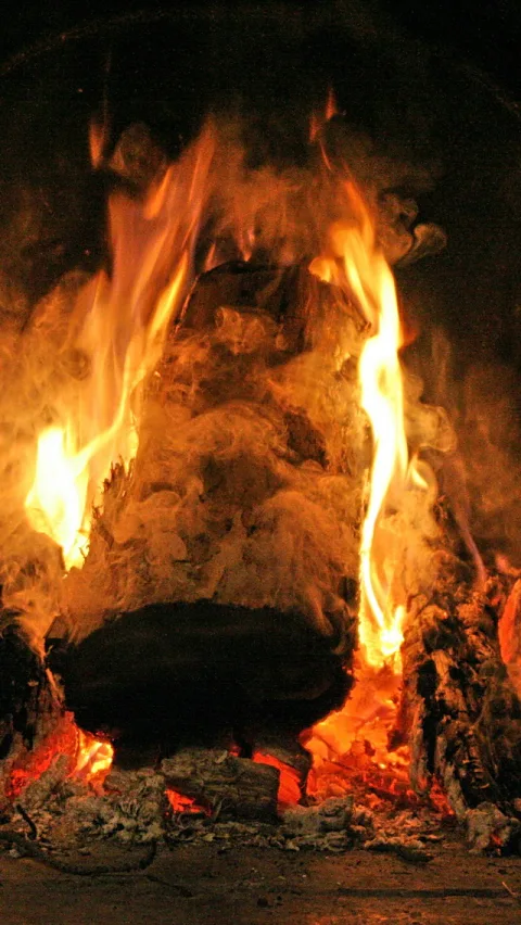 Ein brennendes Holzscheit in einer dunklen Feuerstelle, aus dem Flammen und Rauch aufsteigen, darunter glühende Glut.