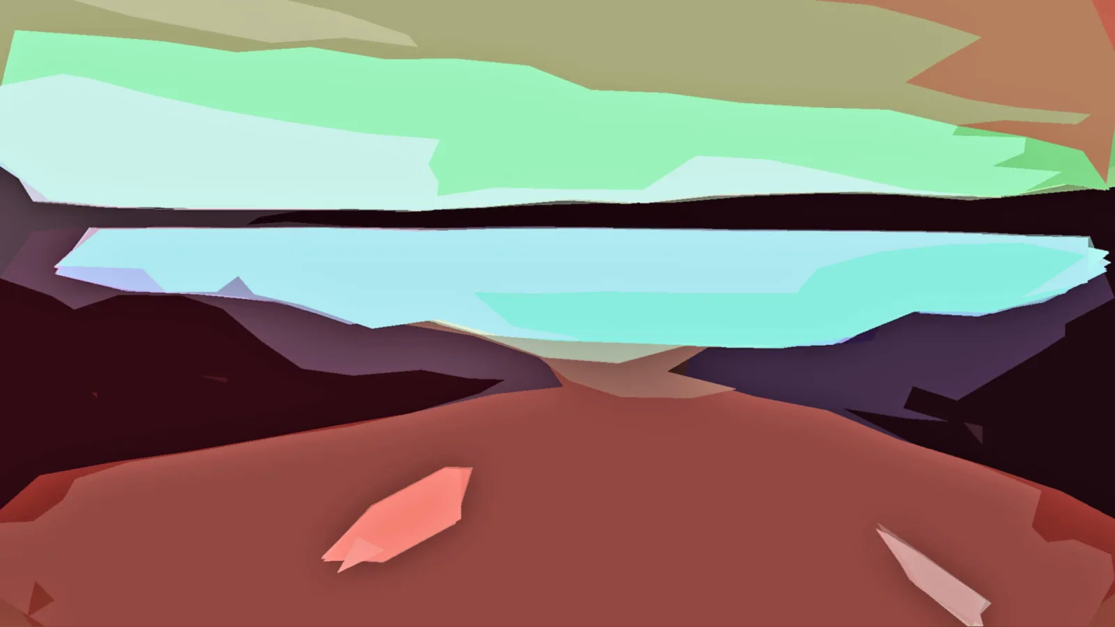 Abstrakte Landschaft mit grünem Himmel, türkisem See, dunklen Hügeln und rotbraunem Vordergrund in flachen Farbflächen.