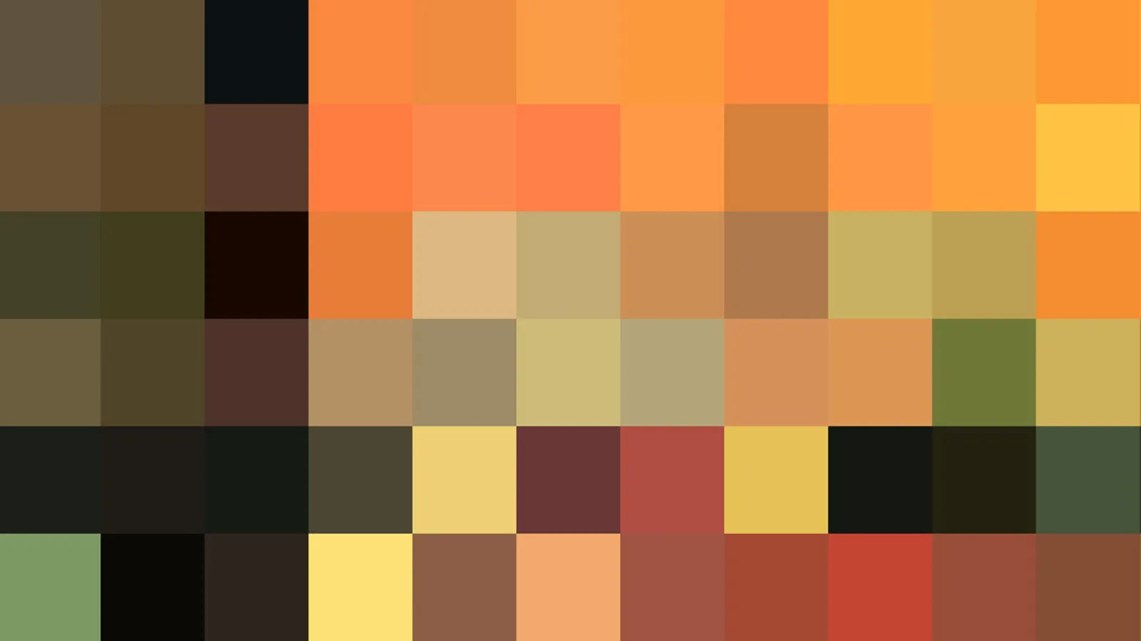 Raster aus quadratischen Farbfeldern in Orange, Gelb, Braun und Dunkelgrün, mit hellen Beige- und Rottönen