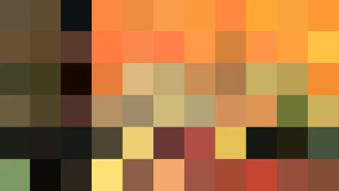 Raster aus quadratischen Farbfeldern in Orange, Gelb, Braun und Dunkelgrün, mit hellen Beige- und Rottönen