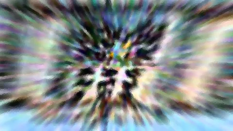 Abstrakte Komposition aus bunten Schlieren, die von einem dunklen Zentrum radial nach außen strahlen, mit mosaikartiger Pixelstruktur.