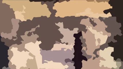 Abstrakte Komposition aus unregelmäßigen braunen, beigen und violetten Flächen, dicht aneinandergesetzt.