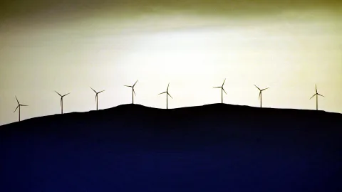 Silhouetten von acht Windkraftanlagen auf einem dunklen Hügelkamm vor einem gelb-grauen Abendhimmel.