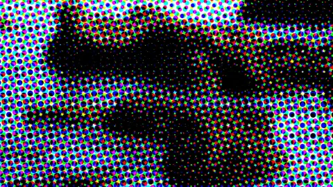 Abstraktes Muster aus dicht gesetzten farbigen Punkten in Rot, Grün, Blau, Cyan und Magenta auf schwarzem Grund, mit dunklen Lücken.