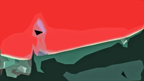 Abstrakte Komposition aus kantigen Flächen: oben ein großer roter Bereich mit schwarzem Dreieck, darunter ein grüner Streifen und dunkle Flächen.
