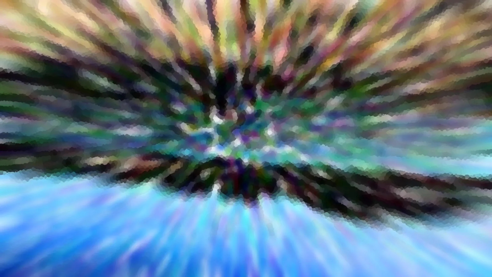 Abstrakte Komposition mit radial von der Mitte ausstrahlenden Streifen in Grün, Rosa und Braun, darunter eine leuchtend blaue Fläche mit Mosaikstruktur.