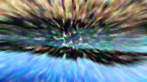 Abstrakte Komposition mit radial von der Mitte ausstrahlenden Streifen in Grün, Rosa und Braun, darunter eine leuchtend blaue Fläche mit Mosaikstruktur.