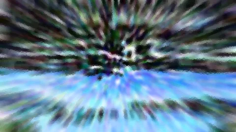 Abstrakte Komposition mit radialer Unschärfe: Farbstreifen laufen von einem dunklen, grünlich-schwarzen Zentrum nach außen, unten dominiert helles Blau.
