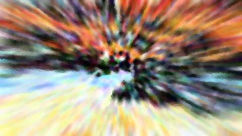Abstrakte Komposition aus bunten Farbstrahlen, die von einem dunklen Zentrum nach außen laufen, mit mosaikartiger Pixelstruktur.