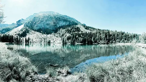 Ruhiger Bergsee, dahinter eine steile Felswand und dichter Nadelwald unter hellblauem Himmel