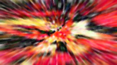 Abstrakte Komposition aus radial von einem hellen Zentrum ausgehenden Streifen in Rot, Gelb, Grün und Schwarz, mosaikartig pixelig.
