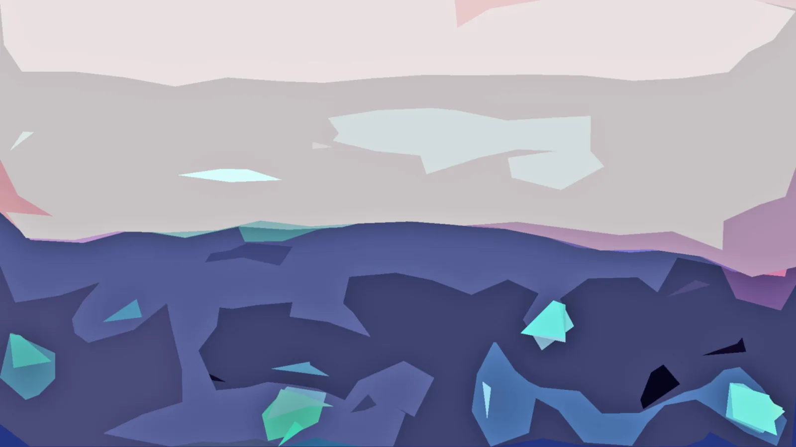 Abstrakte Landschaft aus kantigen, flächigen Formen: oben ein blasser rosa-grauer Himmel, darunter dunkelblaue Hügel mit hellblauen und türkisfarbenen Facetten.