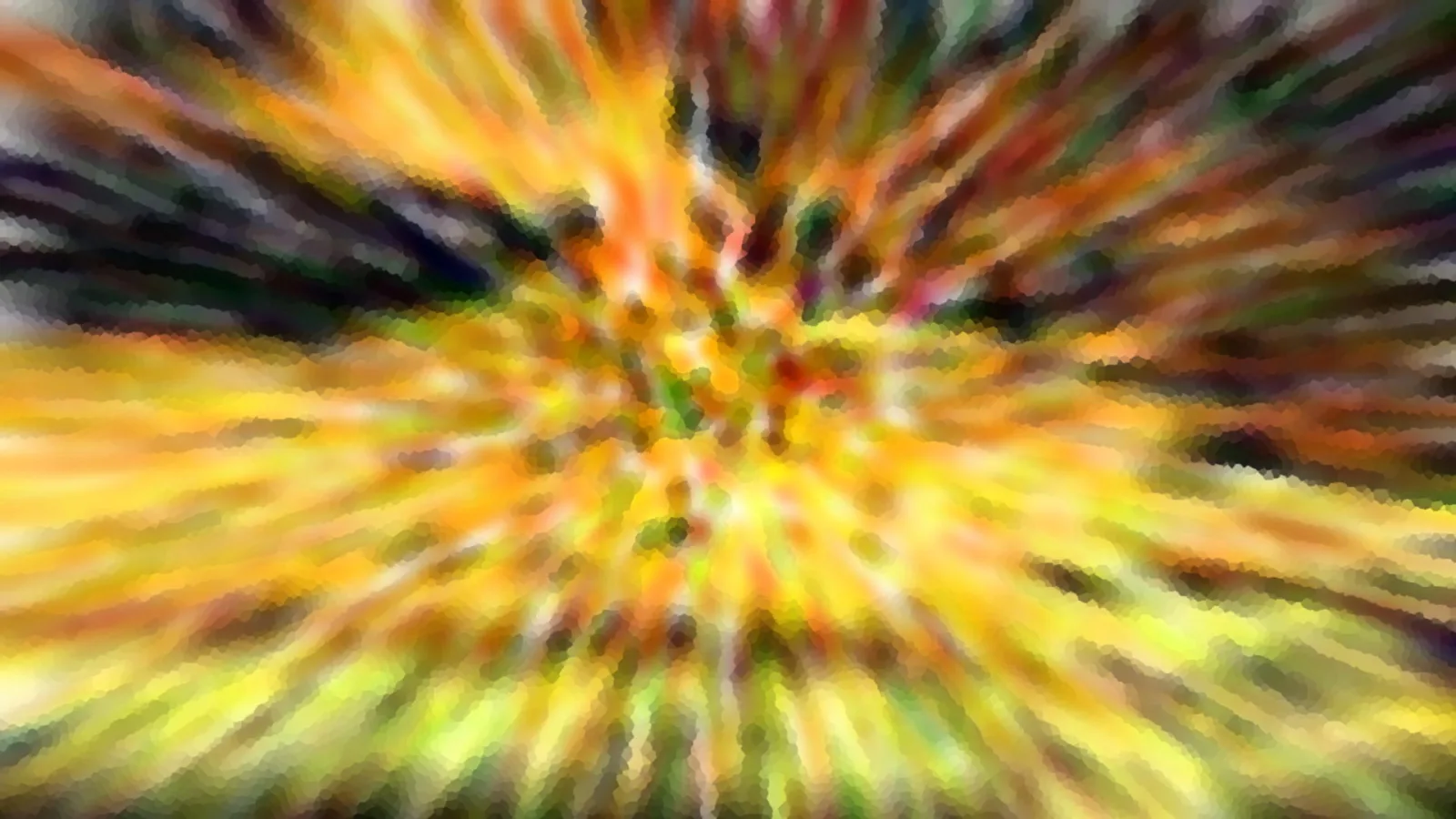 Abstraktes Bild mit radialen Streifen in Gelb, Orange und Grün, die von einem zentralen Punkt nach außen laufen, dazwischen dunkle Schlieren und pixeliger Unschärfe.