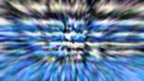 Abstrakte, radial verwischte Farbexplosion in Blau, Weiß und Dunkelgrün mit kleinteiligem Mosaikmuster