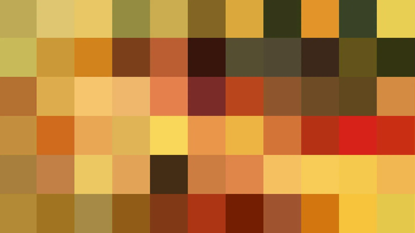 Abstraktes Mosaik aus quadratischen Feldern in Gelb, Ocker, Orange, Braun und Rot, in einem Raster aus sechs Reihen angeordnet.