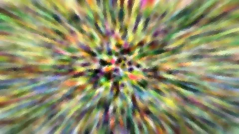 Abstrakte Komposition aus radial von der Mitte nach außen laufenden Streifen in Grün, Gelb, Violett und Rosa, mosaikartig verpixelt.