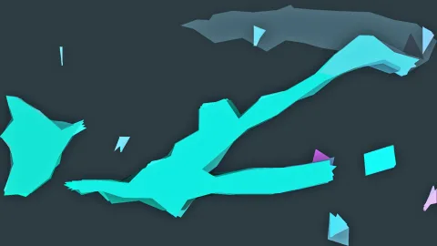 Abstrakte türkise 3D-Formen auf dunkelgrauem Hintergrund, eine große Form zieht sich diagonal von unten links nach oben rechts.