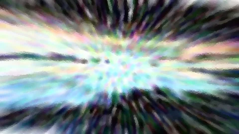 Abstraktes Bild mit Streifen, die von der Mitte radial nach außen laufen, in Pastellfarben, Regenbogentönen und dunklen Schlieren.
