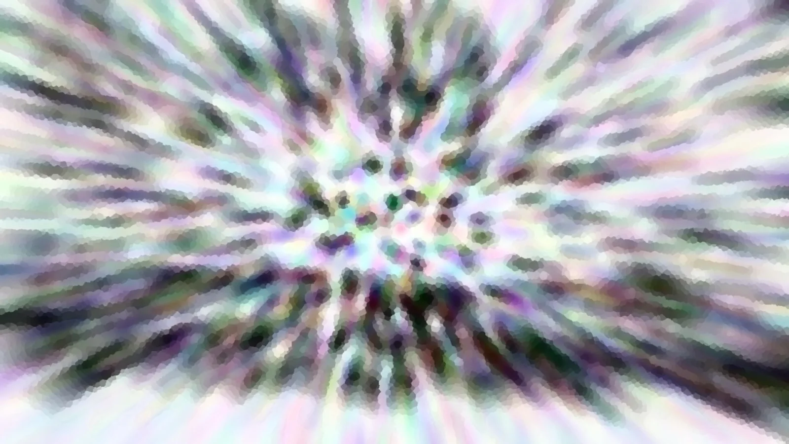 Abstraktes Bild mit radial von der Mitte nach außen laufenden, verwischten Streifen in Pastellfarben wie Lila, Mintgrün und Weiß, durchsetzt von dunklen Punkten.