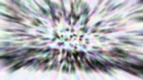 Abstraktes Bild mit radial von der Mitte nach außen laufenden, verwischten Streifen in Pastellfarben wie Lila, Mintgrün und Weiß, durchsetzt von dunklen Punkten.