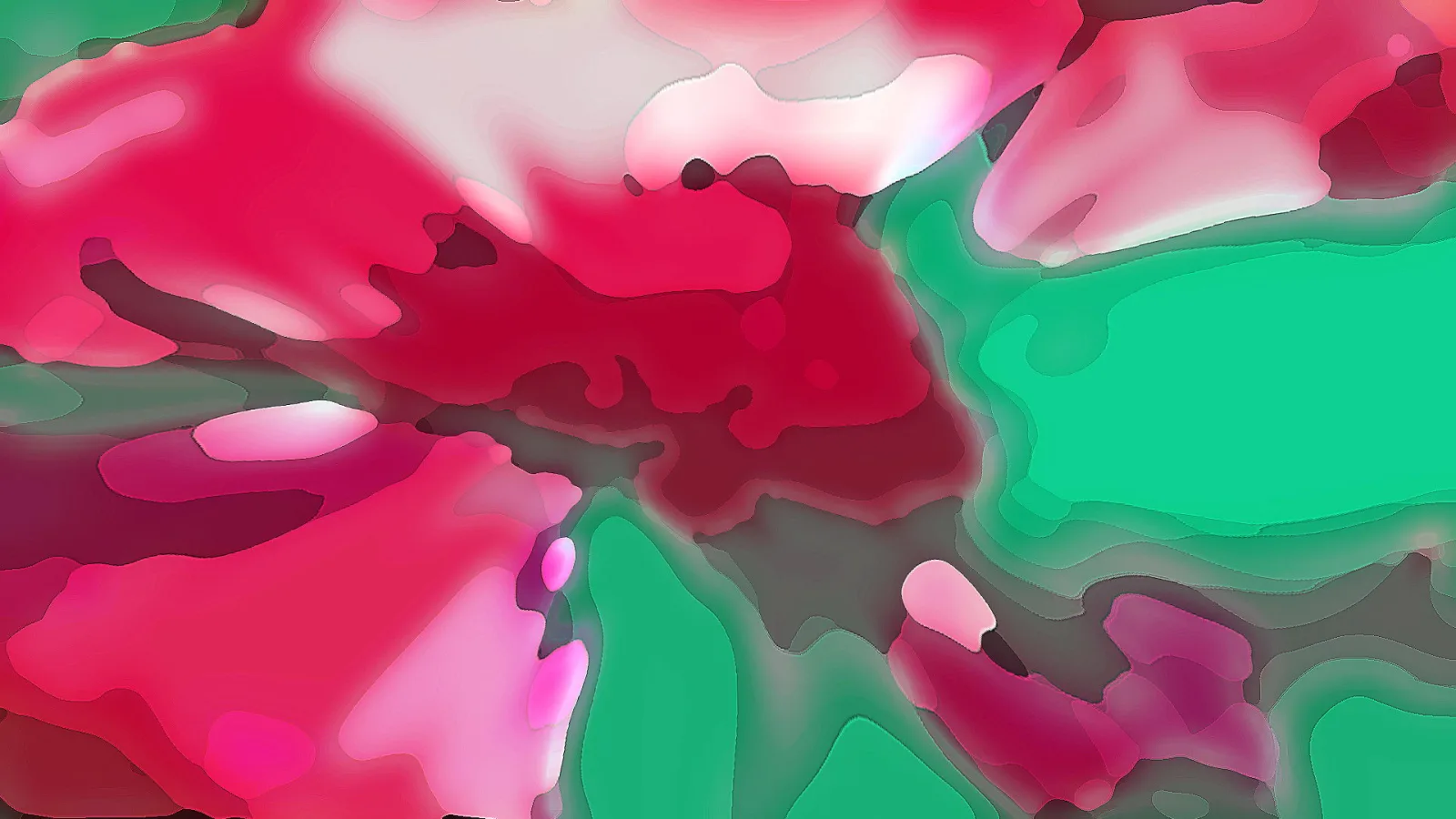 Abstraktes Gemälde mit weichen, ineinanderfließenden Formen in Pink, Rot und Smaragdgrün, durchzogen von grauen Schatten.
