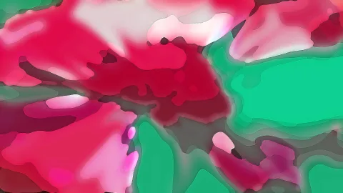 Abstraktes Gemälde mit weichen, ineinanderfließenden Formen in Pink, Rot und Smaragdgrün, durchzogen von grauen Schatten.