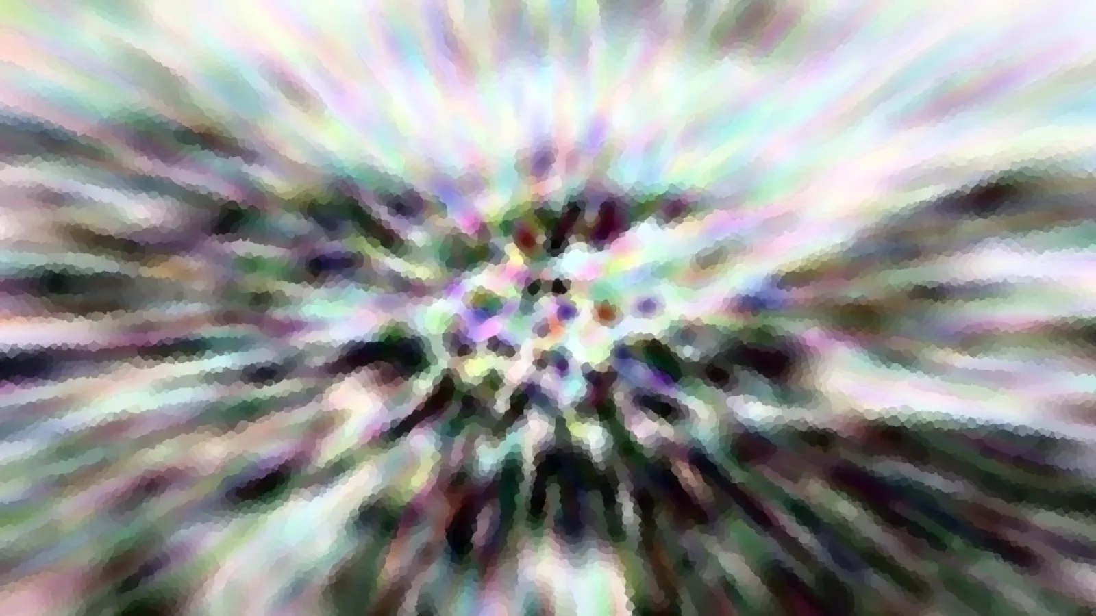 Abstrakte Komposition mit radial von einem Zentrum ausstrahlenden, pastellfarbenen Streifen in Regenbogentönen, dazwischen dunkle Grüntöne, im Zentrum kleine bunte Punkte.
