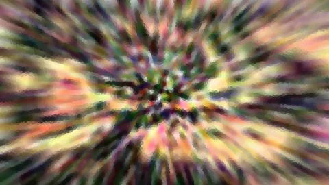 Abstrakte Komposition aus verwischten Farbstreifen, die von einem zentralen Punkt nach außen laufen, in Grün, Rosa, Gelb und Violett, pixelig zerfasert.