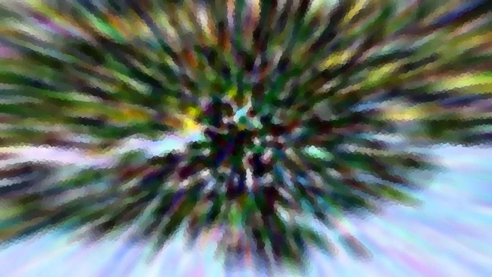 Abstrakte Komposition aus radial von einem Zentrum ausstrahlenden grünen, violetten und gelben Schlieren mit mosaikartiger Pixelstruktur, unten verblasst in helles Blau und Weiß.