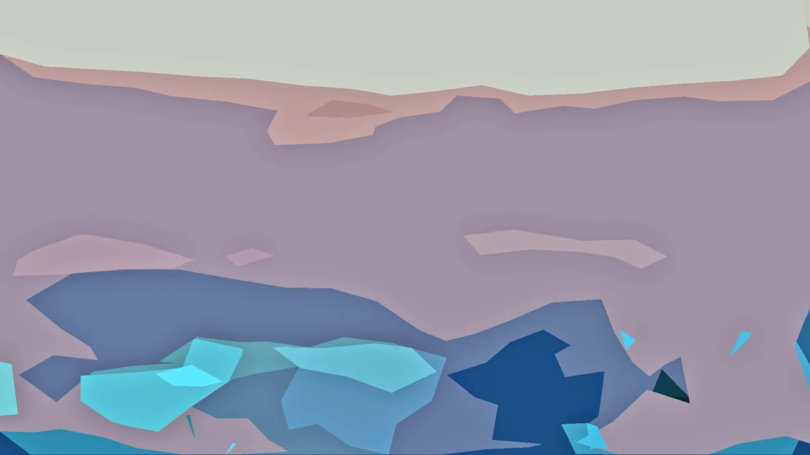 Abstrakte Komposition aus kantigen, flächigen Polygonen in Blau, Türkis und Hellblau vor einem gedämpften Mauve-Hintergrund mit rosafarbenem Band am oberen Rand.