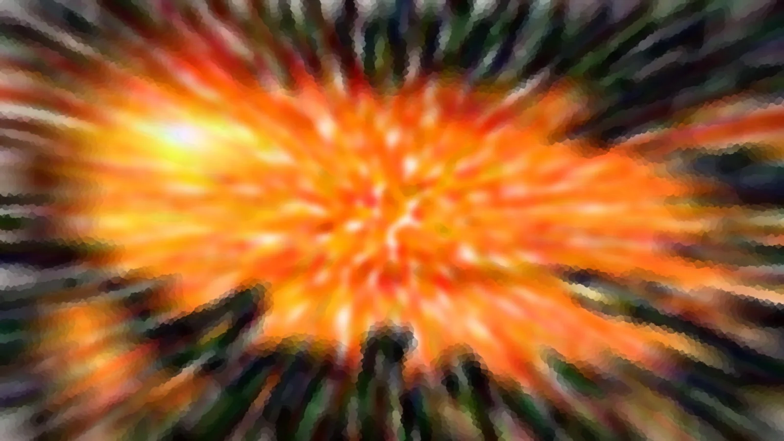 Unscharfe abstrakte Komposition mit leuchtend orangefarbenem Zentrum, von dem dunkelgrüne und schwarze Schlieren radial nach außen laufen.