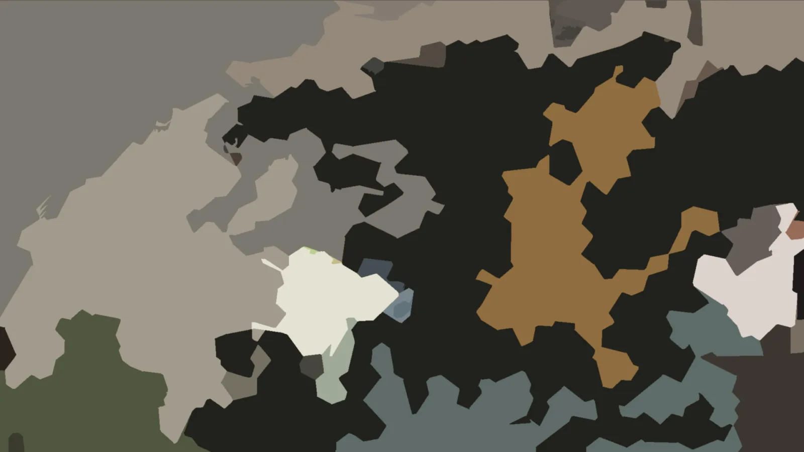 Abstrakte Komposition aus flachen, unregelmäßig geformten Farbflächen in Schwarz, Ocker, Beige, Grau und Weiß
