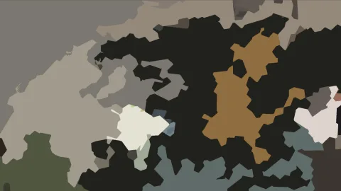 Abstrakte Komposition aus flachen, unregelmäßig geformten Farbflächen in Schwarz, Ocker, Beige, Grau und Weiß