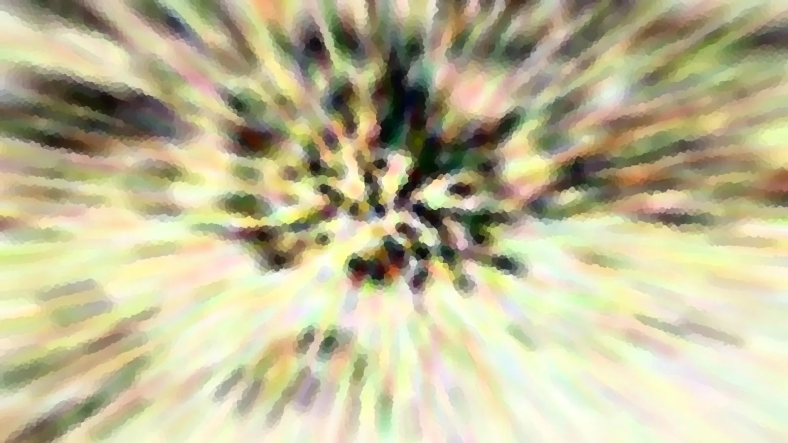 Abstrakte Komposition aus radial verlaufenden Unschärfestreifen in Grün, Gelb und Rosa mit mosaikartigen Flecken im Zentrum.