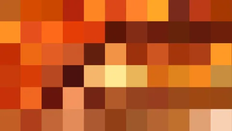 Abstraktes Muster aus quadratischen Pixelblöcken in Orange, Rot, Braun und Gelb, die von dunklem Rotbraun bis hellem Creme reichen.