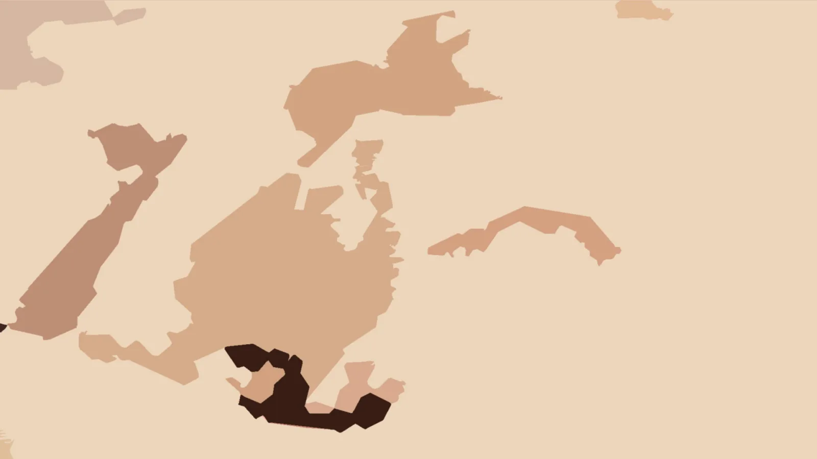 Abstrakte Darstellung von Landmassen in Sandtönen auf hellbeigem Grund, unten links dunkelbraun und dicht.