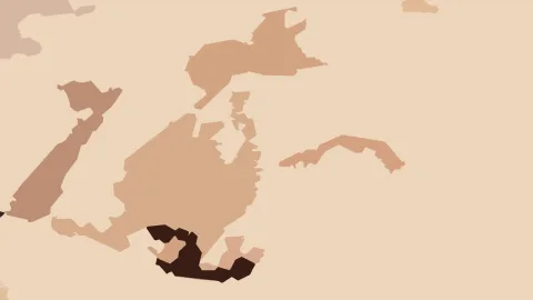 Abstrakte Darstellung von Landmassen in Sandtönen auf hellbeigem Grund, unten links dunkelbraun und dicht.