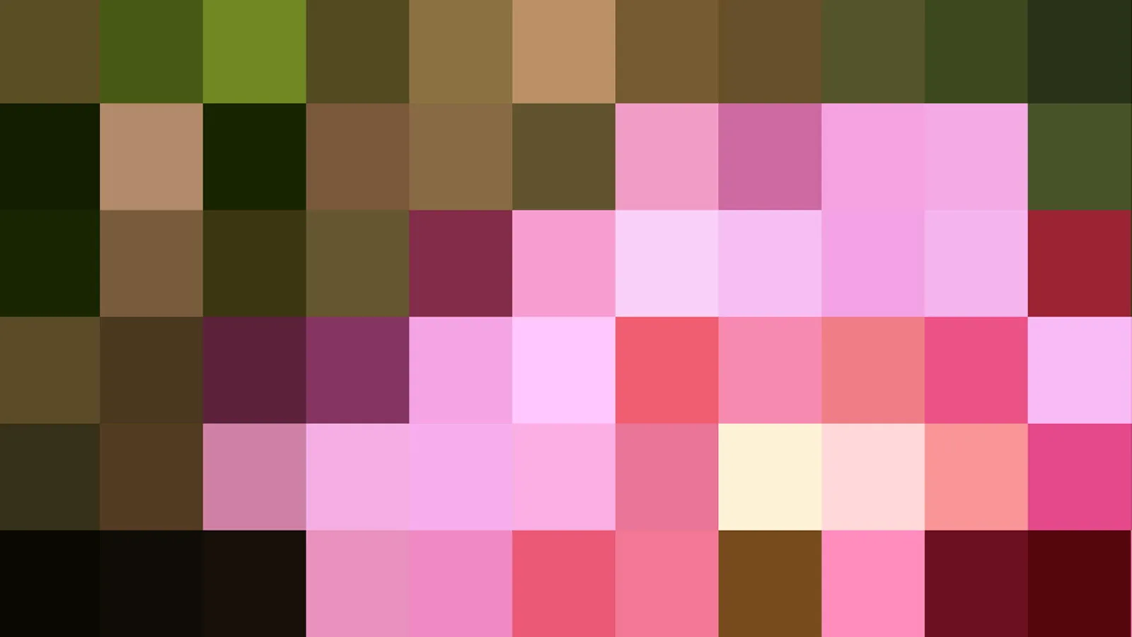 Mosaik aus quadratischen Pixelblöcken in Rosa, Braun, Dunkelgrün und Rot.