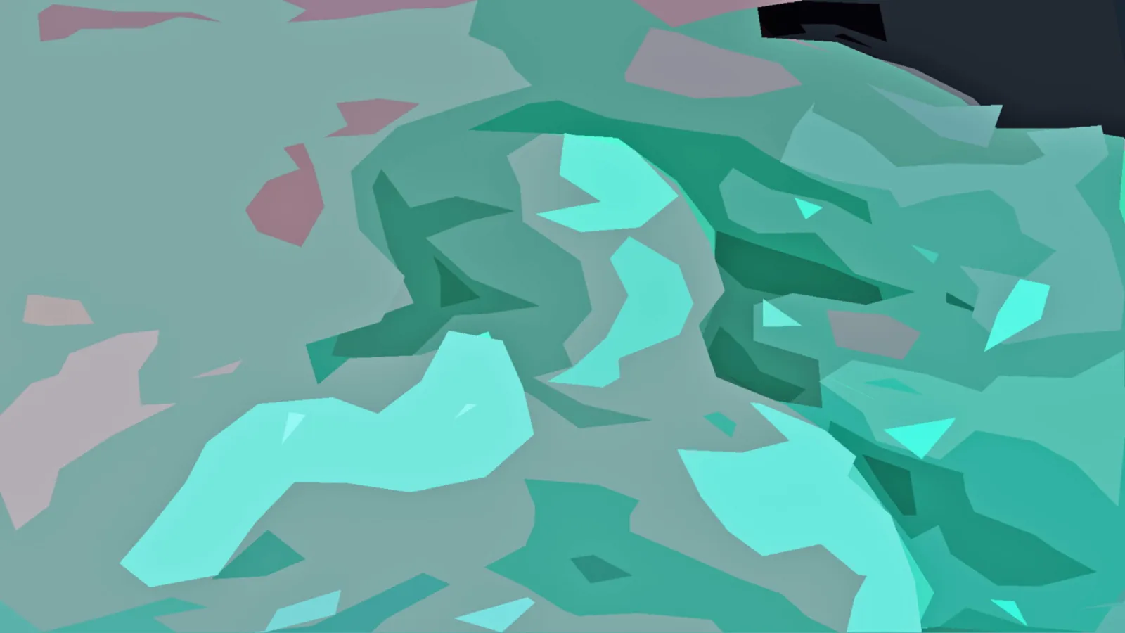 Abstrakte Low-Poly-Komposition aus türkisen, mintgrünen und grauen Flächen mit rosafarbenen Akzenten und einer dunklen Fläche oben rechts.