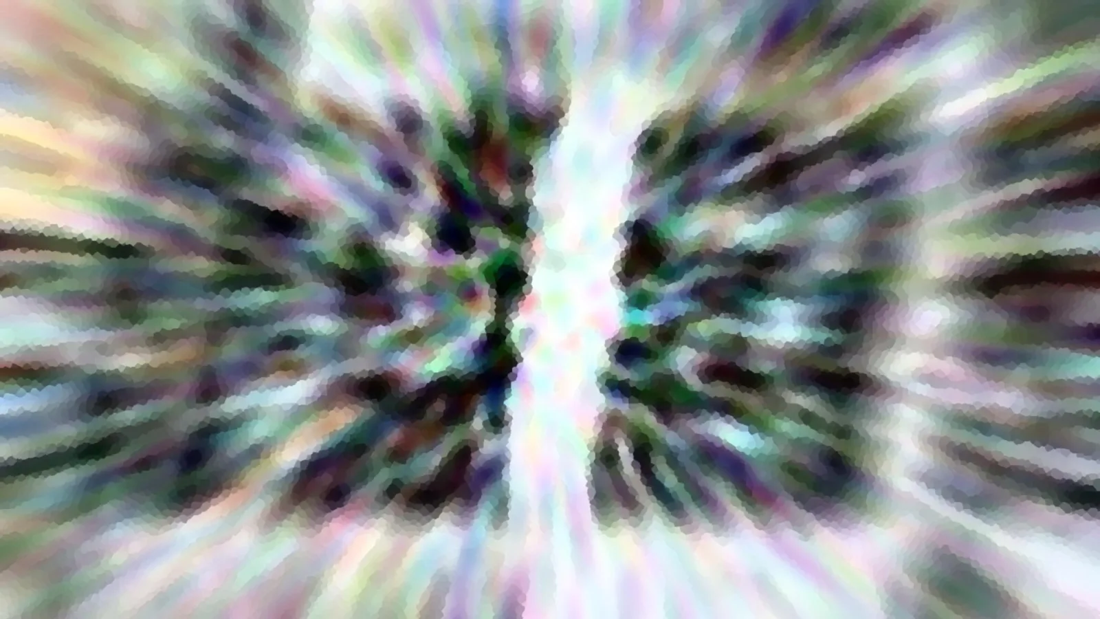 Abstrakte Komposition aus radial angeordneten, verschwommenen Farbstreifen in Grün, Lila und Weiß mit dunklen Flecken und hellem Zentrum.