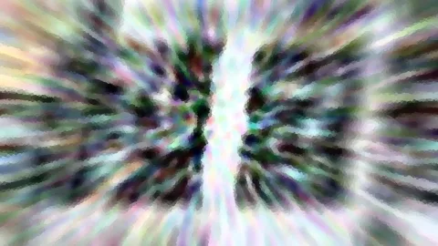 Abstrakte Komposition aus radial angeordneten, verschwommenen Farbstreifen in Grün, Lila und Weiß mit dunklen Flecken und hellem Zentrum.