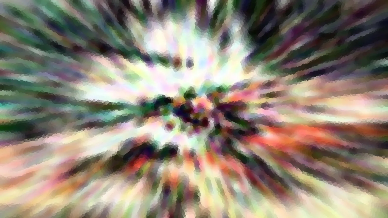Abstrakte Komposition mit bunten Farbstreifen, die von einem hellen Zentrum radial nach außen laufen, grob gepixelt.